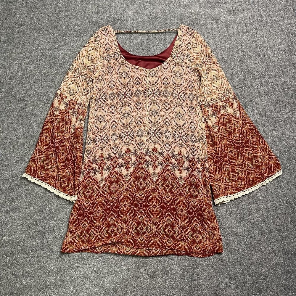 Xhilaration Tunic Top Red White Floral 3/4 Flare Sleeves Boho Cutout Chiffon  S - Picture 3 of 8